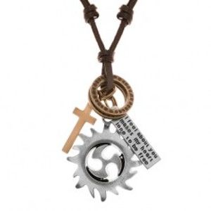 Nastavitelný kožený náhrdelník, přívěsky - kruh tribal, kruhy, kříž a známka Y40.15