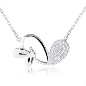 Nastavitelný náhrdelník, asymetrické srdce, lesklý motýlek, stříbro 925 SP61.05