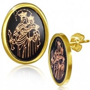 Náušnice z oceli, zlatá barva, Panna Marie a Ježíšek na černém podkladu S63.10