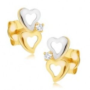 Náušnice ze 14K zlata  - dvoubarevné obrysy srdcí, blýskavý čirý diamant BT501.25