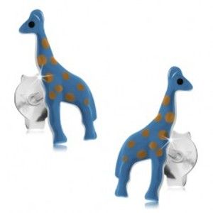 Náušnice ze stříbra 925, modrá žirafa se světle hnědými tečkami, puzetky
