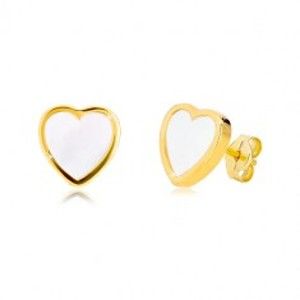 Náušnice ze žlutého 14K zlata - kontura symetrického srdce s přírodní perletí GG37.30