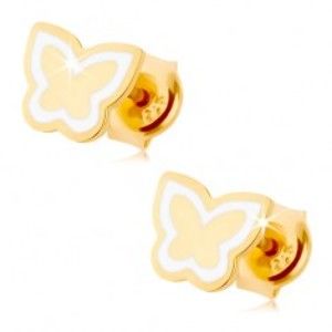 Náušnice ze žlutého 9K zlata - lesklý plochý motýlek, kontura z bílé glazury GG68.22
