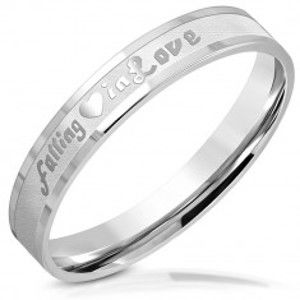Prsten z chirurgické oceli - nápis "falling in Love", lesklé linie, matný pás, 3,5 mm L07.08