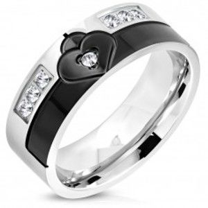 Prsten z chirurgické oceli černé a stříbrné barvy, srdce se zirkonem, 8 mm K03.20
