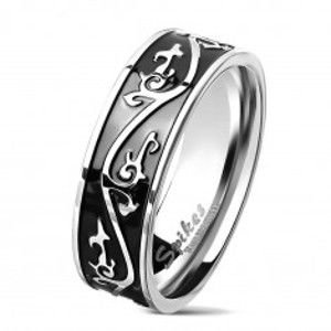 Prsten z chirurgické oceli stříbrné barvy, černý pás zdobený ornamentem, 7 mm AB05.06