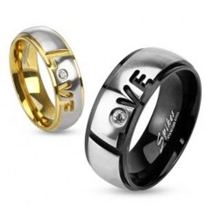 Prsten z oceli 316L, dvoubarevné provedení, nápis Love se zirkonem, 6 mm HH15.6