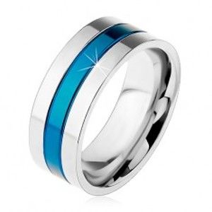 Prsten z oceli 316L, modrý středový pás, okraje stříbrné barvy, zářezy, 8 mm M09.13