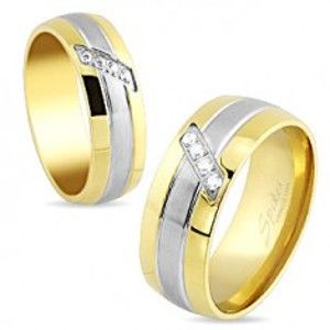 Prsten z oceli, linie zlaté a stříbrné barvy, šikmý pásek čirých zirkonů, 8 mm S83.01