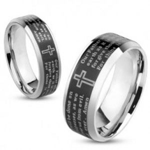 Prsten z oceli, stříbrná barva, černý pásek s modlitbou Otčenáš, 6 mm S81.04