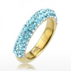 Prsten z oceli zlaté barvy, třpytivé linie světle modrých zirkonů SP45.07