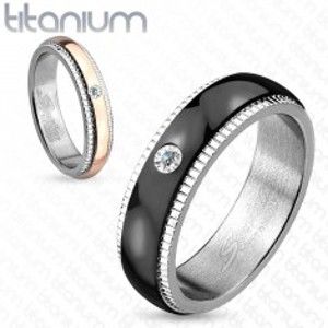 Prsten z titanu, stříbrná barva, černý pás se zirkonem, vroubky, 6 mm HH14.19