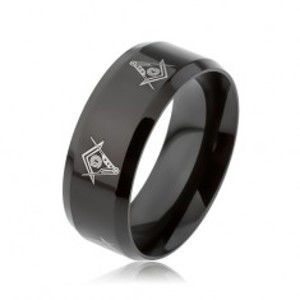 Ocelový prsten černé barvy, lesk, symboly svobodných zednářů, zbroušené okraje SP63.01