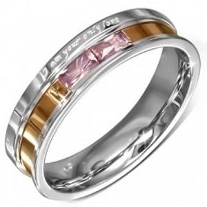 Ocelový prstýnek, růžové zirkony, gravírované vyznání lásky B8.05