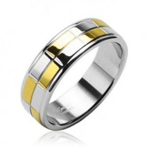 Ocelový snubní prsten se zlatými a stříbrnými lesklými obdélníky B3.3