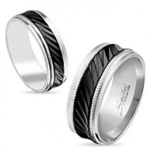 Ocelový prsten stříbrné barvy, černý pás se šikmými zářezy, vroubky, 6 mm S82.06