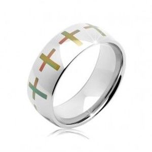 Ocelový prsten stříbrné barvy, duhové kříže po obvodu, 6 mm K09.12