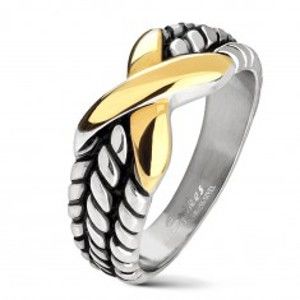 Ocelový prsten stříbrné barvy, zářezy na ramenech, X zlaté barvy AB10.08