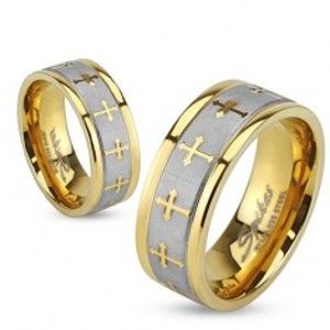 Ocelový prsten ve zlaté a stříbrné barvě, matný pás, křížky, 6 mm HH14.3