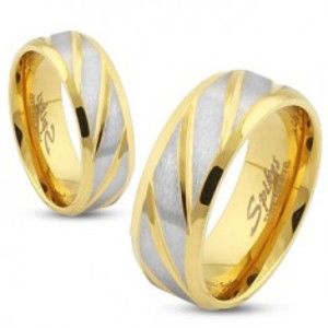 Ocelový prsten zlaté barvy, šikmé pásy ve stříbrném odstínu, 6 mm SP44.31