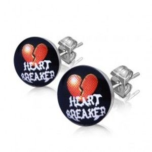Ocelové náušnice - rozpůlené srdce, nápis "HEART BREAKER" AA16.03