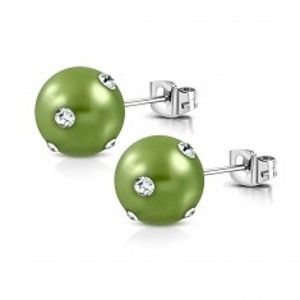 Ocelové náušnice - syntetická akrylová perla ve světle zeleném odstínu, zirkony AA20.08