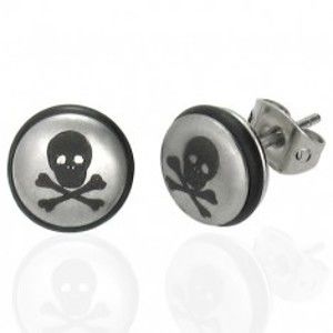 Ocelové náušnice stříbrné barvy, kulička s lebkou a černou gumičkou   AB27.15