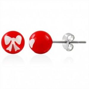 Ocelové náušnice, červená kulička s bílou mašličkou, puzetové zapínání AB27.13