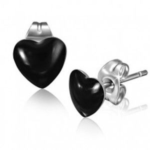 Ocelové náušnice, lesklá symetrická srdce černé barvy S39.10