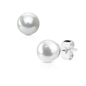 Ocelové náušnice stříbrné barvy s bílou syntetickou perlou - Průměr: 5 mm