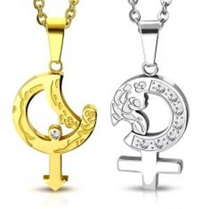Ocelové přívěsky pro dvojici -zlaté a stříbrné symboly muže a ženy s růží S17.17