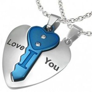 Ocelový dvojpřívěsek, srdce stříbrné barvy s modrým klíčkem, nápis, zirkony Z8.10