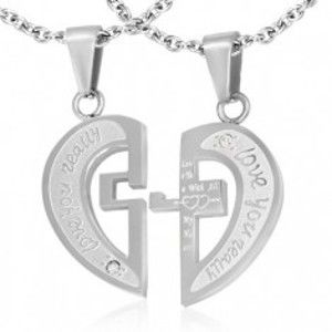 Ocelový dvojpřívěsek stříbrné barvy, rozpůlené srdce, nápisy, kříž, zirkony S59.12