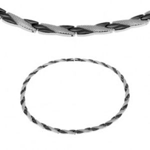 Ocelový náhrdelník, šikmé linie černé a stříbrné barvy, hadí vzor, magnety S08.08