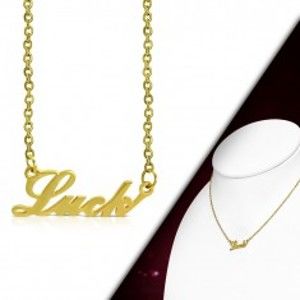 Ocelový náhrdelník zlaté barvy, řetízek a přívěsek - nápis Luck AA20.06