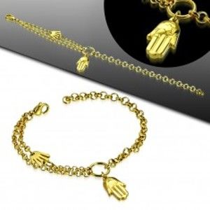 Ocelový náramek zlaté barvy, dvě ruce Fatimy, kruh a dvojitý řetízek AA19.23
