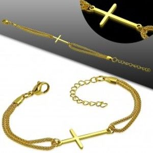 Ocelový náramek zlaté barvy, lesklý latinský kříž a dvojitý řetízek AA22.24