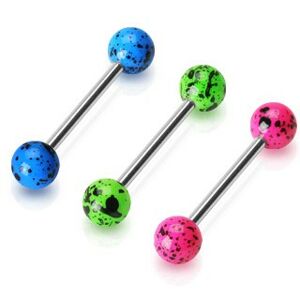 Ocelový piercing do jazyka - činka s barevnými flekatými kuličkami - Barva piercing: Růžová