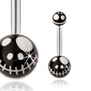 Ocelový piercing do pupíku, černé kuličky - motiv kreslené lebky z pohádky SP30.06