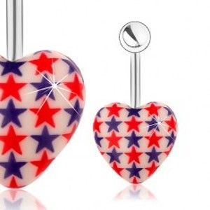 Ocelový piercing do pupíku, kulička, bílé srdce, červené a modré hvězdy SP24.23