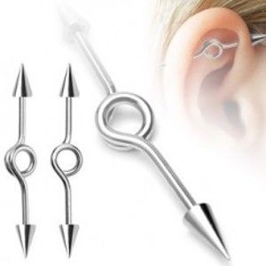 Ocelový piercing do ucha - ohnutý kruh, hroty I18.4