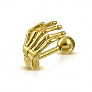 Ocelový piercing do ucha nebo obočí - kostra ruky v lesklém zlatém odstínu S31.03