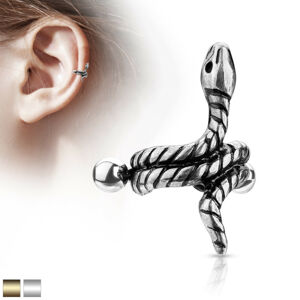 Ocelový piercing do ucha - zatočený had s proužky na těle - Barva piercing: Stříbrná