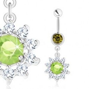 Ocelový piercing do bříška, stříbrná barva, květ - zelený zirkon, čiré lupínky S62.10
