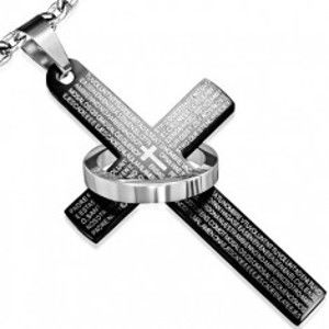 Ocelový přívěsek, černý kříž s modlitbou, stříbrný kruh S39.27