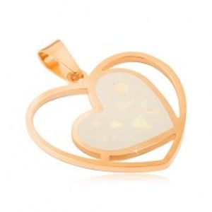 Ocelový přívěsek zlaté barvy, bílé perleťové srdce v obrysu srdce S54.06
