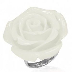 Ocelový prsten - bílá rozkvetlá pryskyřičná růže B5.04