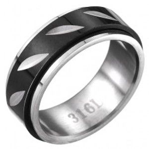 Ocelový prsten - černo-stříbrný s pohyblivým pásem, lístečky C25.6