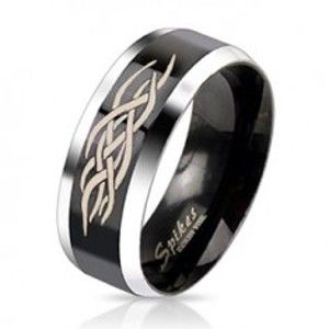 Ocelový prsten - černý pás s ornamentem C26.5/C26.6