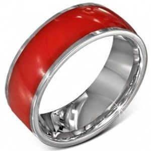 Ocelový prsten - lesklá červená obroučka, stříbrné okraje, 8 mm J1.14